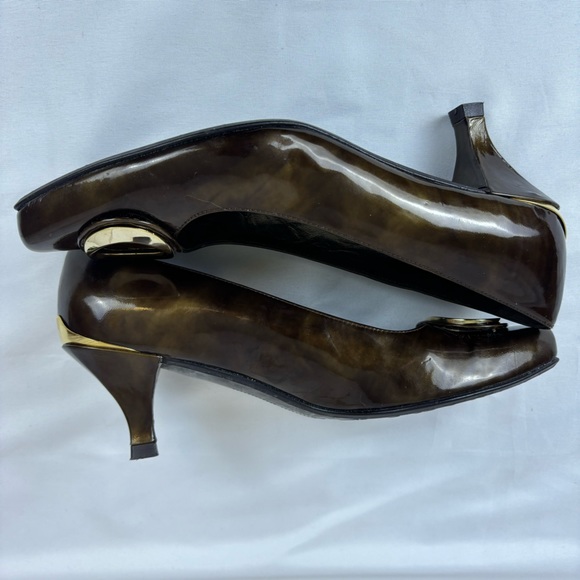 Stuart Weitzman Copper Brown Gold Swirl Pumps Kitten Heel Leather Heels Size 5.5 - Picture 12 of 16